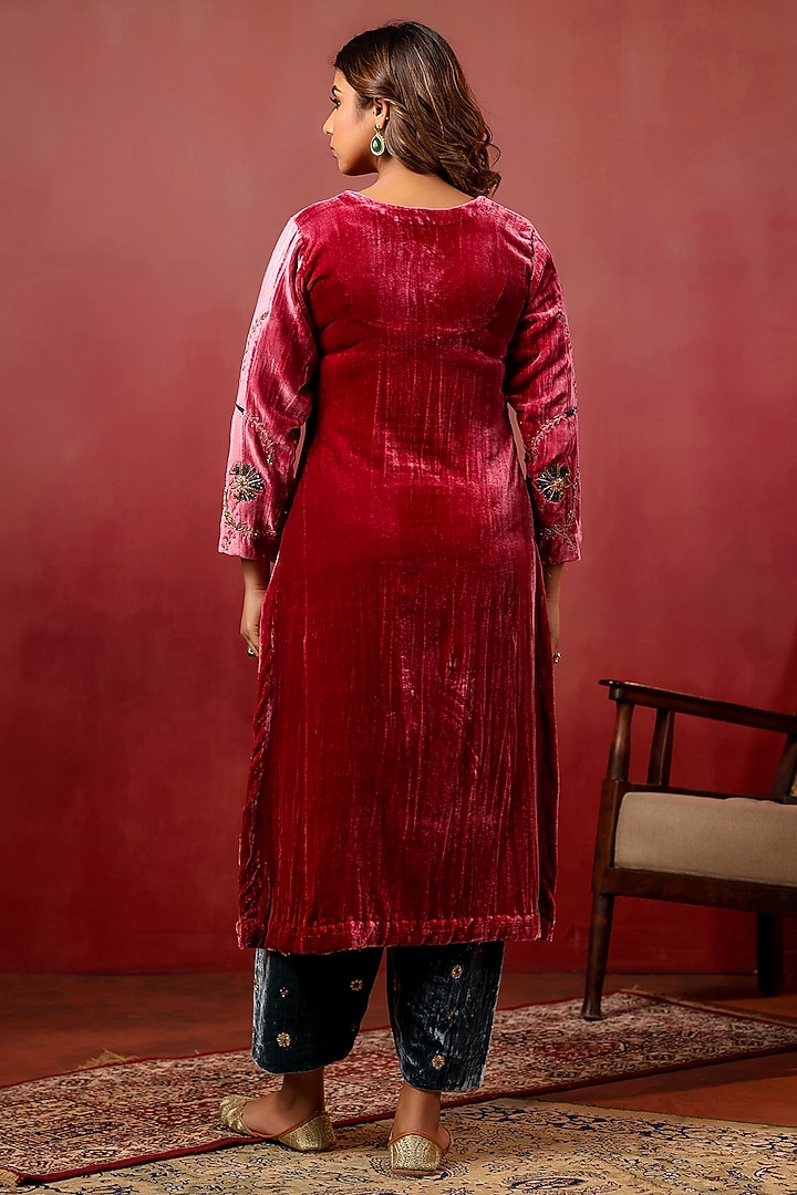 Cherry Red Velvet Hand Embroidered Kurta Set by ANSHU WADHWA at Pernia's Pop Up Shop