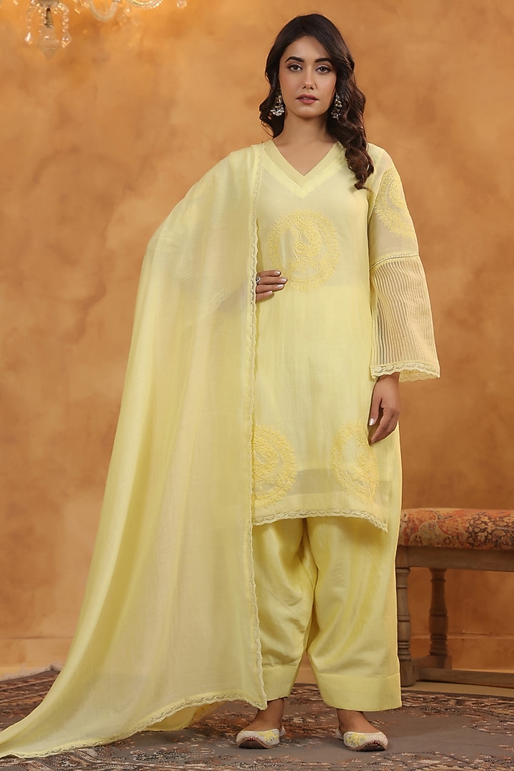 Lemon Yellow Chanderi Dori Work Straight Short Kurta Set by ANSHU WADHWA at Pernia's Pop Up Shop