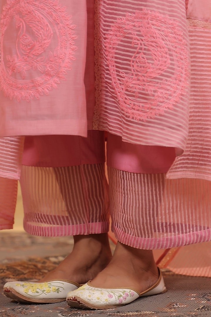 Pink Chanderi Dori Work A-Line Kurta Set by ANSHU WADHWA at Pernia's Pop Up Shop