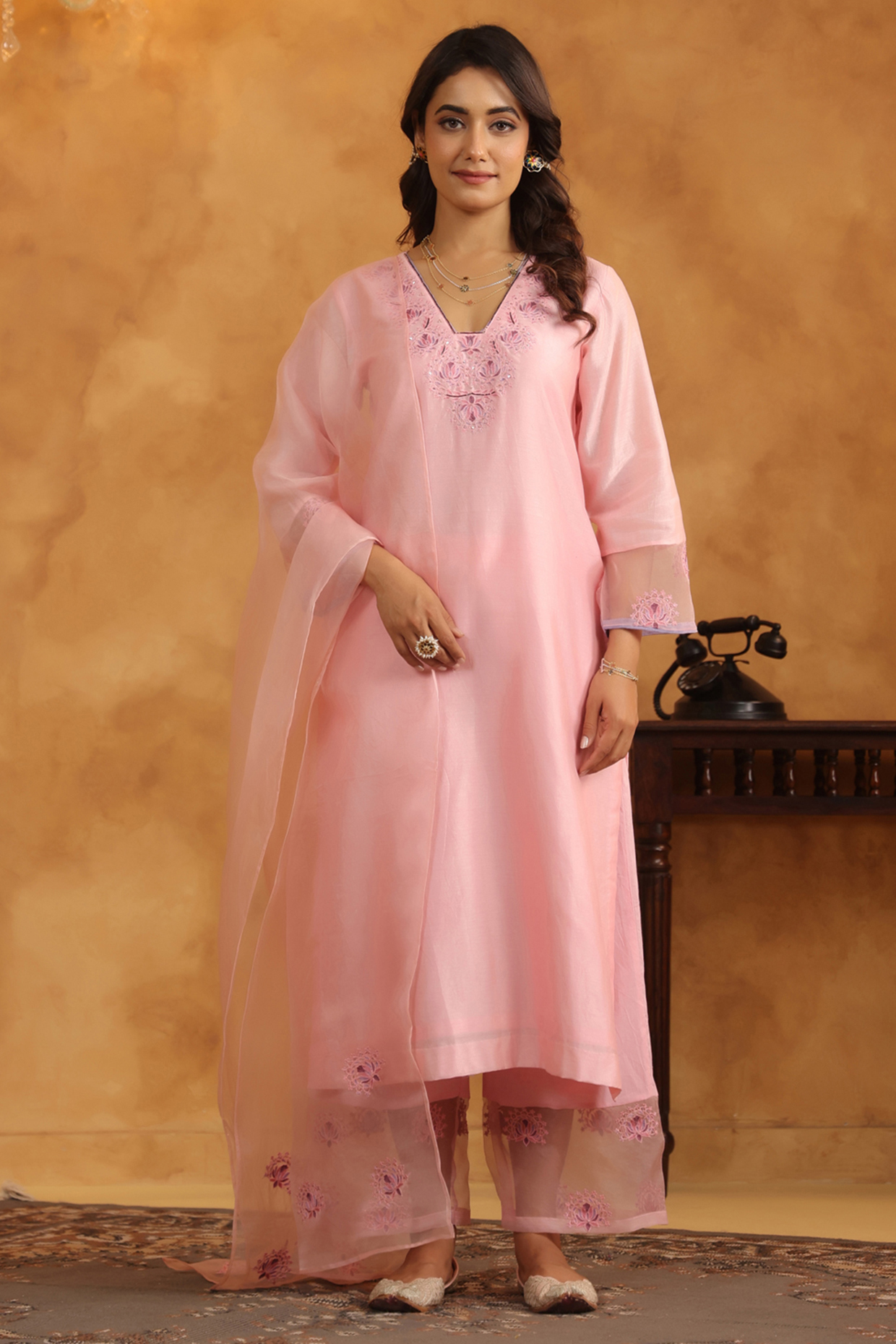 Pink Silk Chanderi Thread & Sequin Work A-Line Kurta Set by ANSHU WADHWA at Pernia's Pop Up Shop