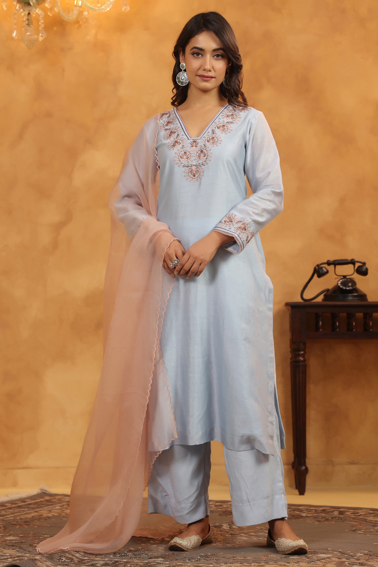 Aqua Blue Silk Chanderi Thread & Sequin Work A-Line Kurta Set by ANSHU WADHWA at Pernia's Pop Up Shop