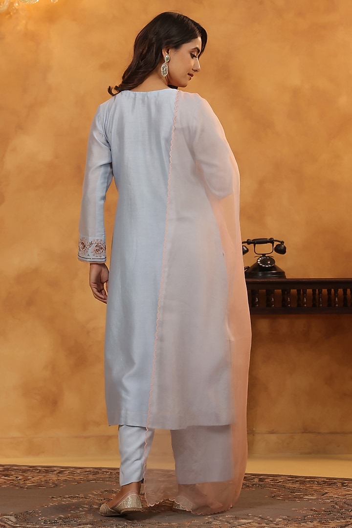Aqua Blue Silk Chanderi Thread & Sequin Work A-Line Kurta Set by ANSHU WADHWA at Pernia's Pop Up Shop