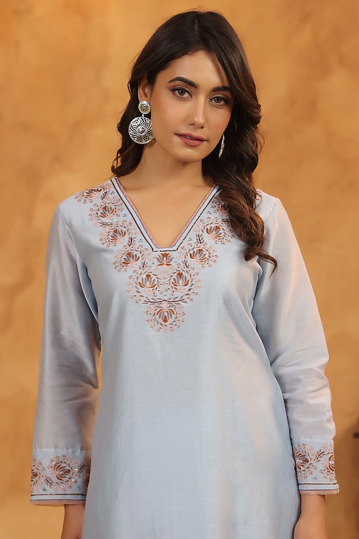 Aqua Blue Silk Chanderi Thread & Sequin Work A-Line Kurta Set by ANSHU WADHWA at Pernia's Pop Up Shop