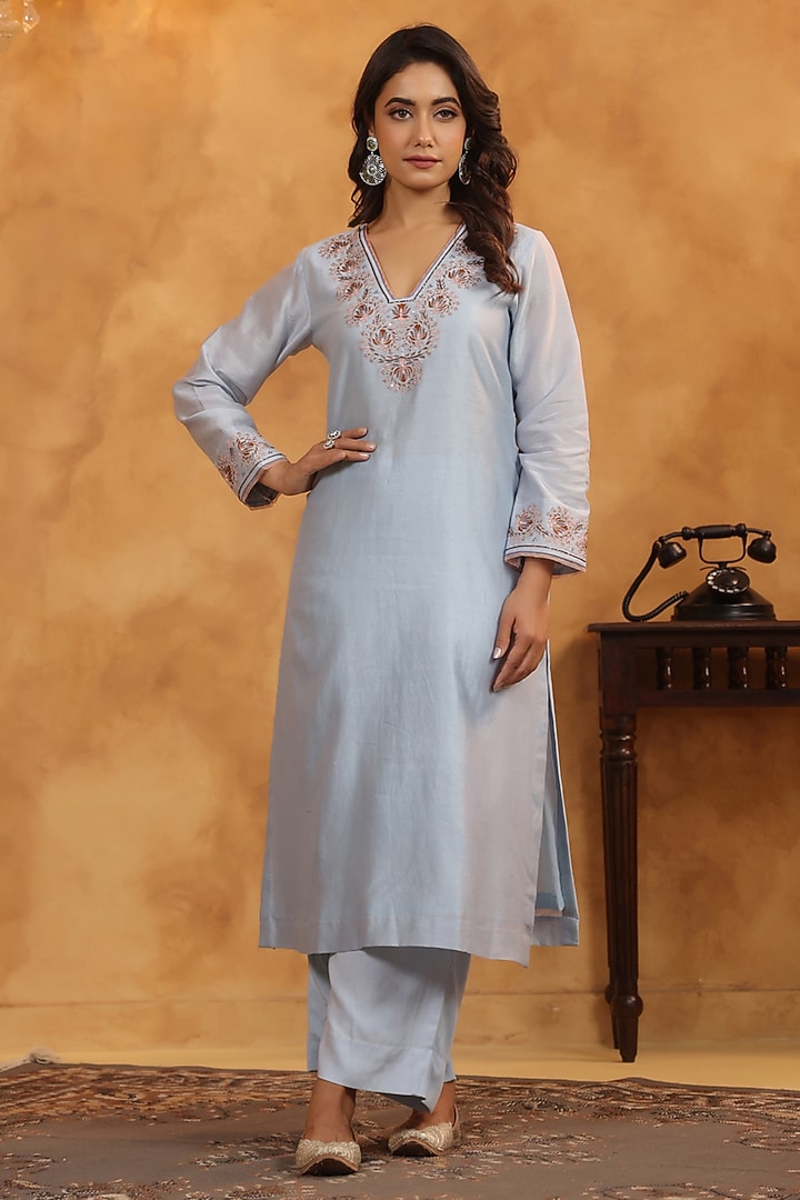 Aqua Blue Silk Chanderi Thread & Sequin Work A-Line Kurta Set by ANSHU WADHWA at Pernia's Pop Up Shop