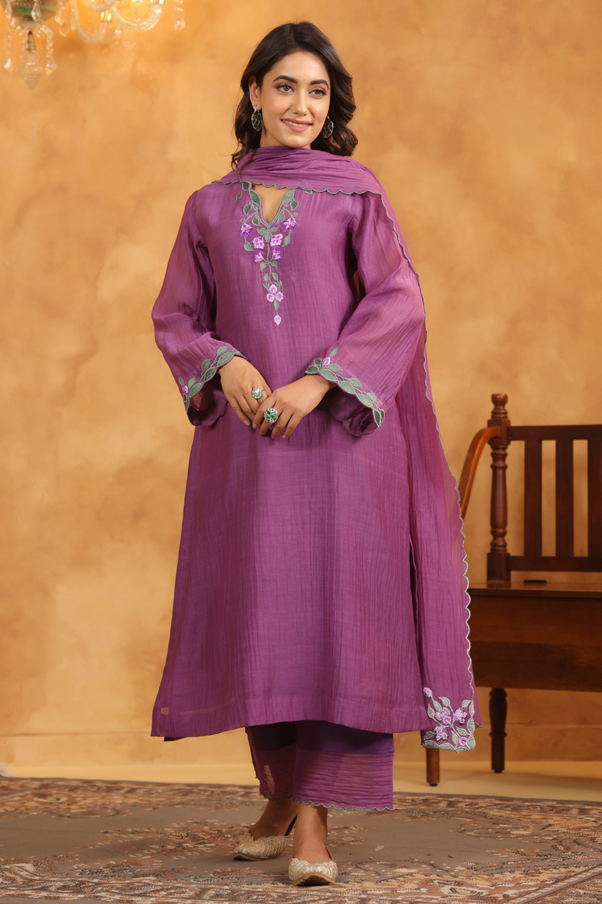 Dark Purple Chanderi Thread Machine Embroidered A-Line Kurta Set by ANSHU WADHWA at Pernia's Pop Up Shop