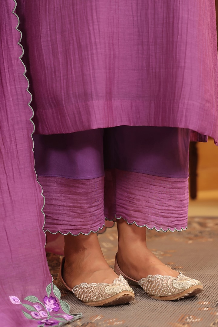 Dark Purple Chanderi Thread Machine Embroidered A-Line Kurta Set by ANSHU WADHWA at Pernia's Pop Up Shop