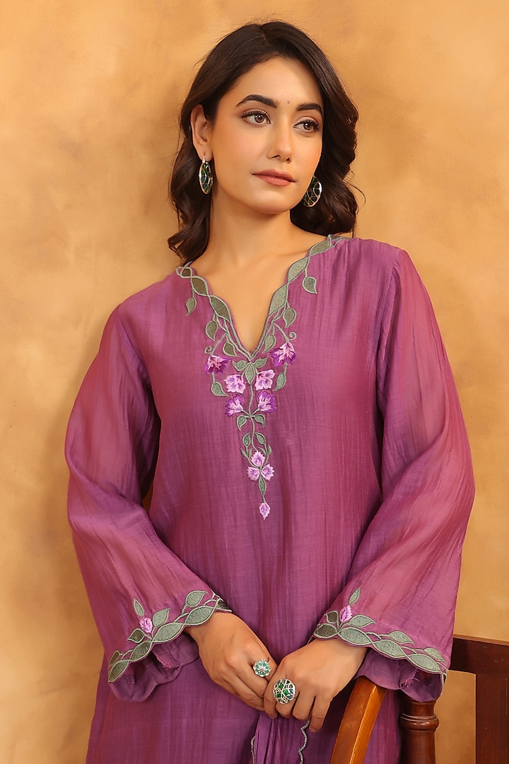 Dark Purple Chanderi Thread Machine Embroidered A-Line Kurta Set by ANSHU WADHWA at Pernia's Pop Up Shop