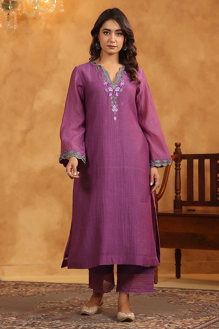 Dark Purple Chanderi Thread Machine Embroidered A-Line Kurta Set by ANSHU WADHWA at Pernia's Pop Up Shop