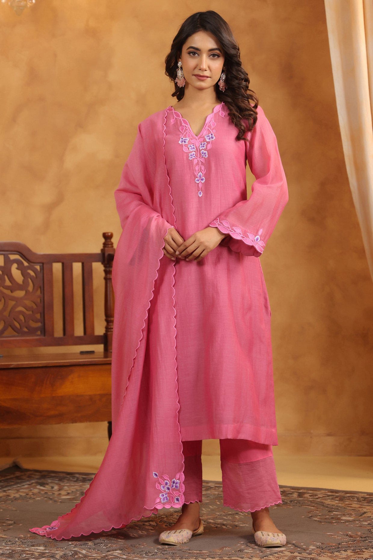 Peachish Pink Chanderi Thread Machine Embroidered A-Line Kurta Set by ANSHU WADHWA at Pernia's Pop Up Shop