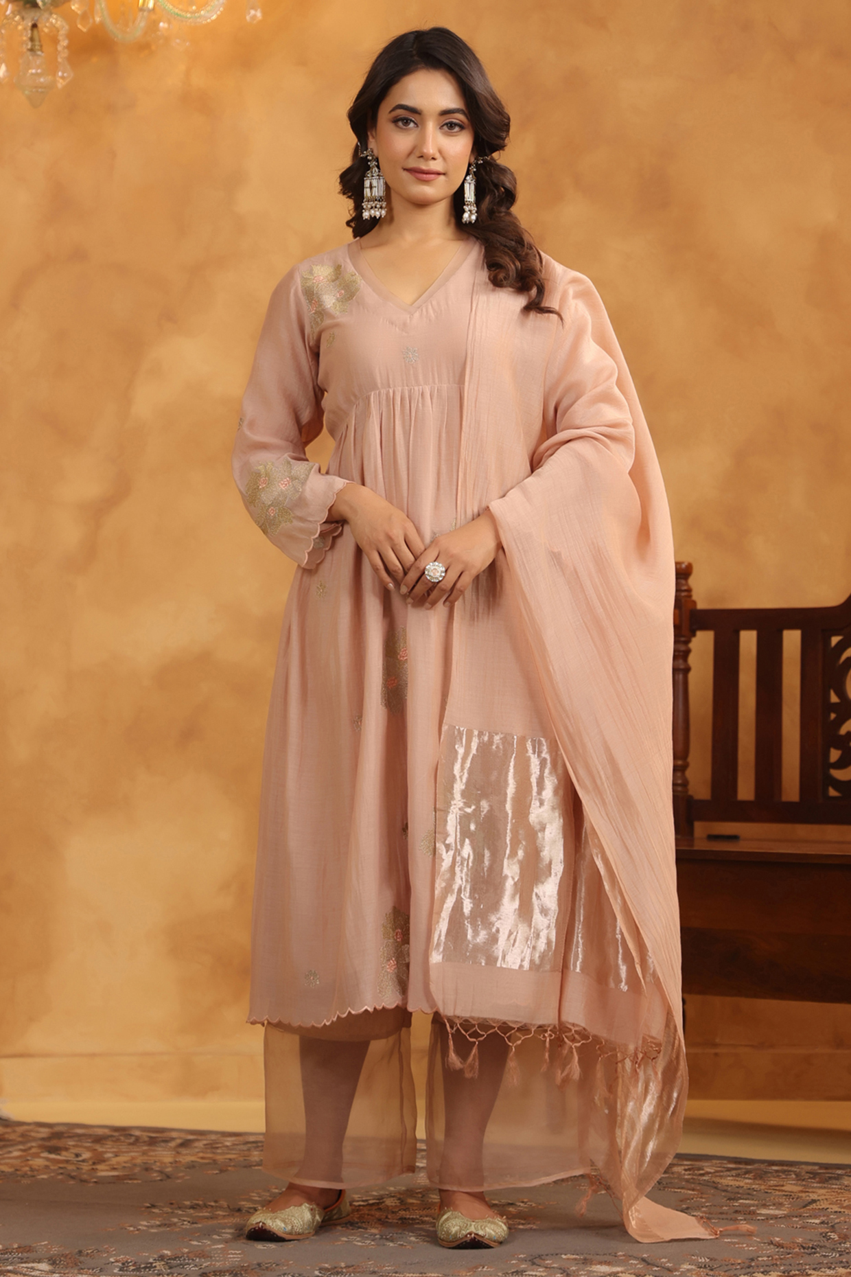 Roasted Peach Chanderi Thread Machine Embroidered Gathered Kurta Set by ANSHU WADHWA at Pernia's Pop Up Shop