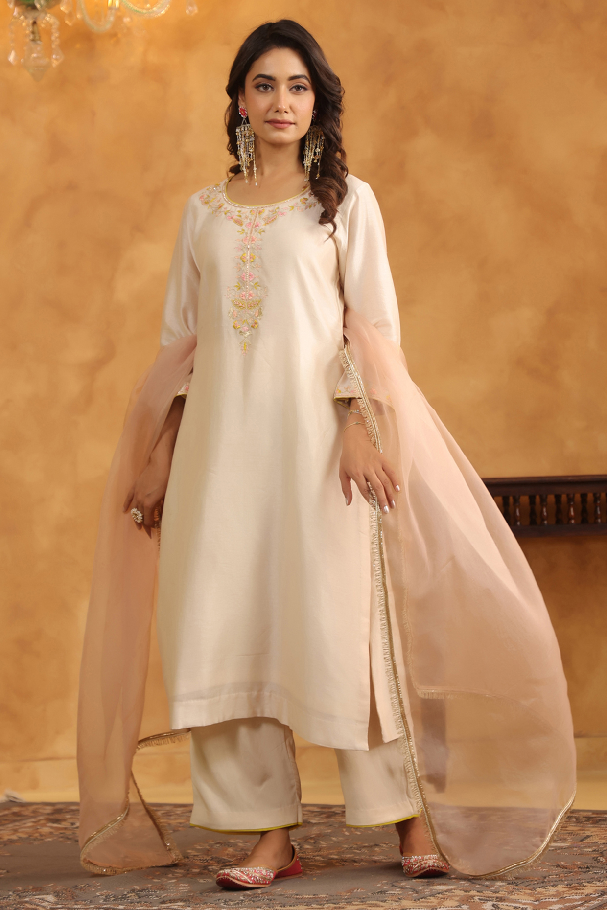 Pearl White Silk Chanderi Kasab & Thread Hand Embroidered A-Line Kurta Set by ANSHU WADHWA at Pernia's Pop Up Shop