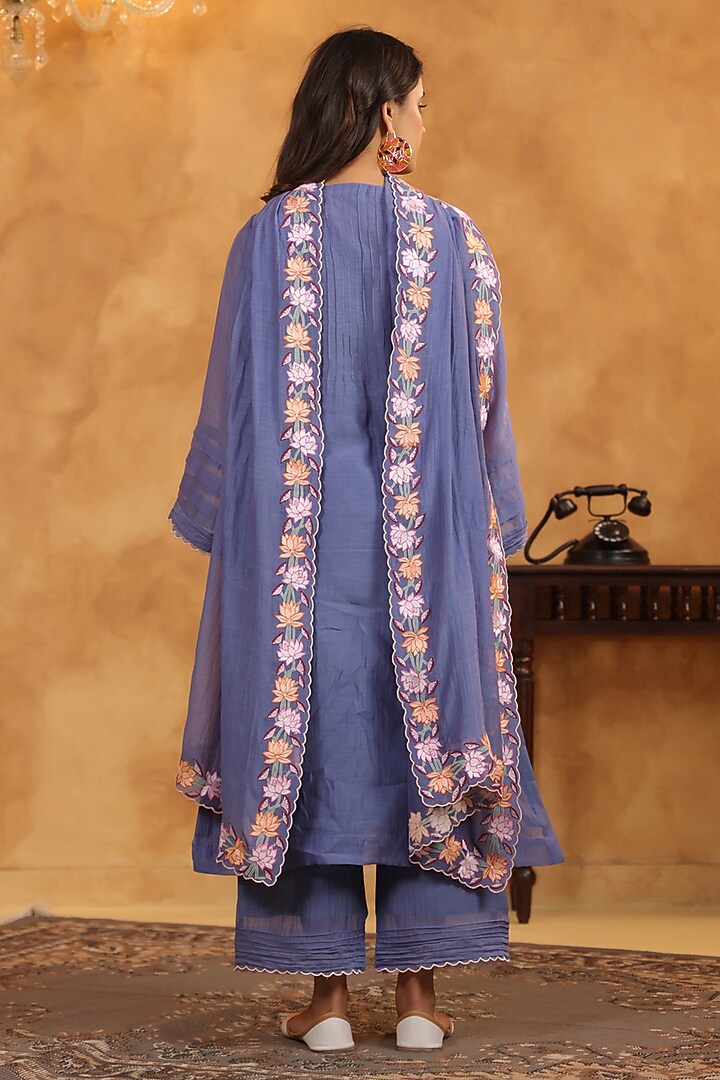 Indigo Moon Chanderi A-Line Scalloped Kurta Set by ANSHU WADHWA at Pernia's Pop Up Shop