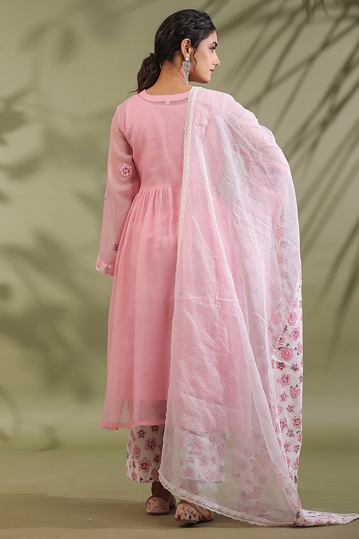 Pink Cotton Handblock Printed & Patchwork Kurta Set by ANSHU WADHWA at Pernia's Pop Up Shop