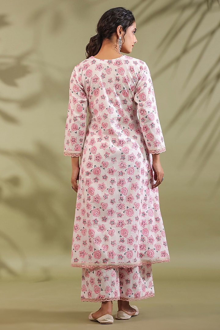 Pink Cotton Floral Printed A-Line Kurta Set by ANSHU WADHWA at Pernia's Pop Up Shop