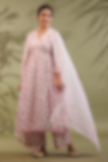 Pink Cotton Printed Gathered A-Line Kurta Set by ANSHU WADHWA at Pernia's Pop Up Shop