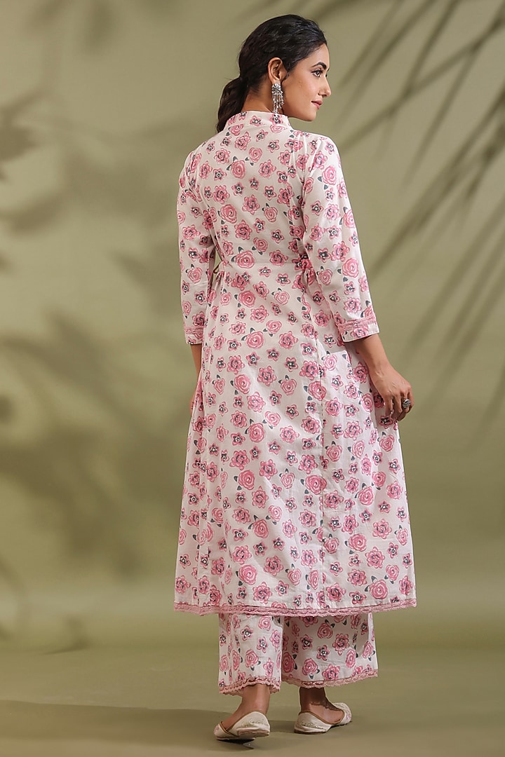 Rose-Colored Cotton Floral Printed A-Line Kurta Set by ANSHU WADHWA at Pernia's Pop Up Shop