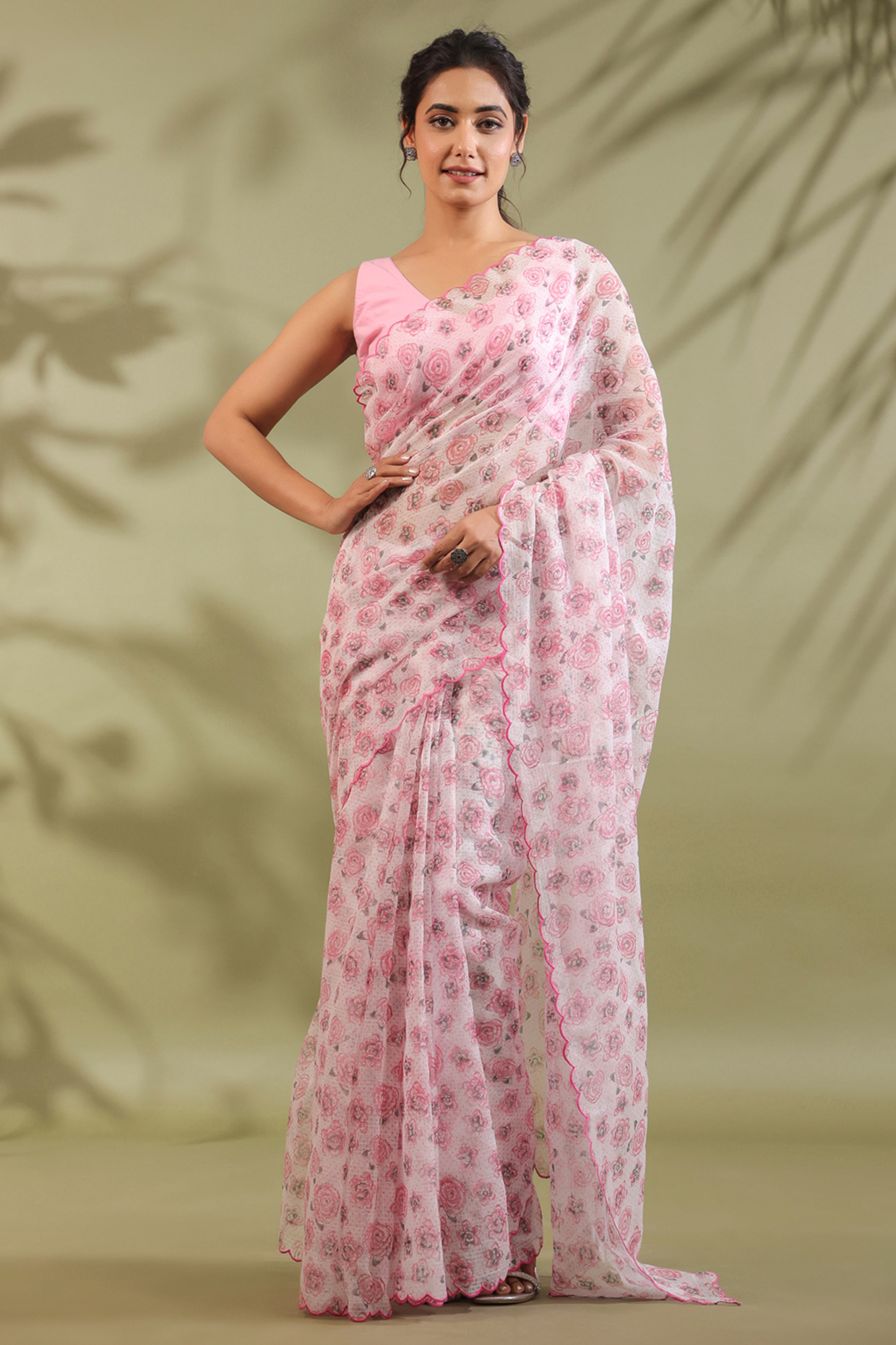 Pink Kota Doria Flora Printed Festive Saree Set by ANSHU WADHWA at Pernia's Pop Up Shop