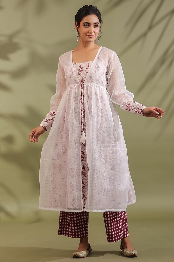 Off-White Cotton & Kota Doria Handblock Printed Jacket Set by ANSHU WADHWA at Pernia's Pop Up Shop
