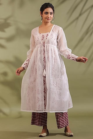 Off-White Cotton & Kota Doria Handblock Printed Jacket Set by ANSHU WADHWA