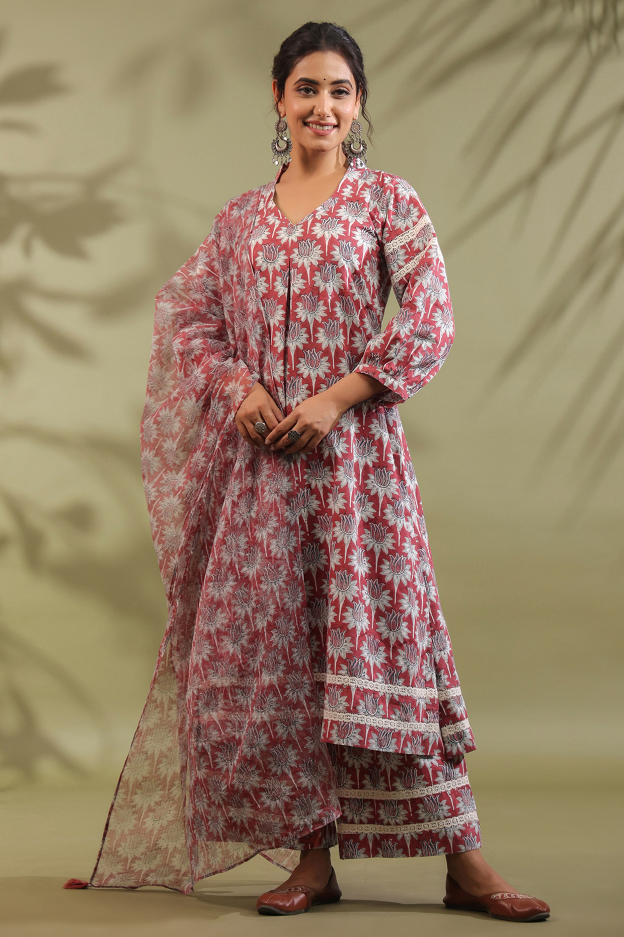 Red Cotton Handblock Printed A-Line Kurta Set by ANSHU WADHWA at Pernia's Pop Up Shop