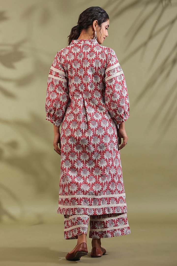 Red Cotton Handblock Printed A-Line Kurta Set by ANSHU WADHWA at Pernia's Pop Up Shop