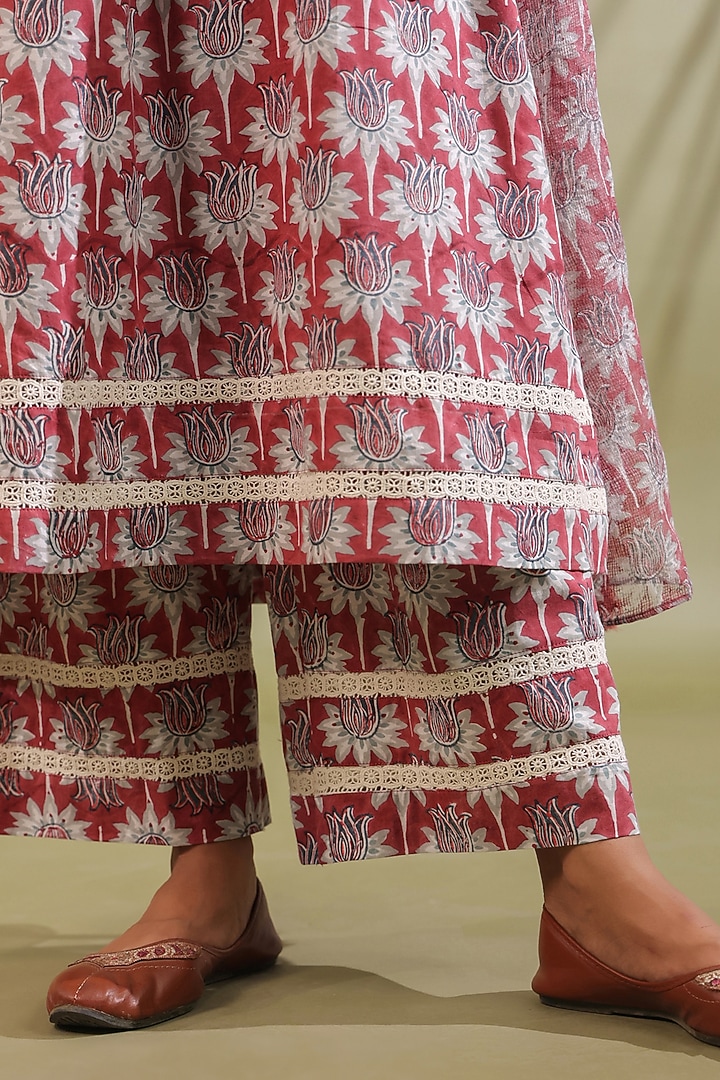 Red Cotton Handblock Printed A-Line Kurta Set by ANSHU WADHWA at Pernia's Pop Up Shop
