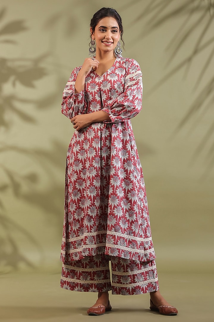Red Cotton Handblock Printed A-Line Kurta Set by ANSHU WADHWA at Pernia's Pop Up Shop