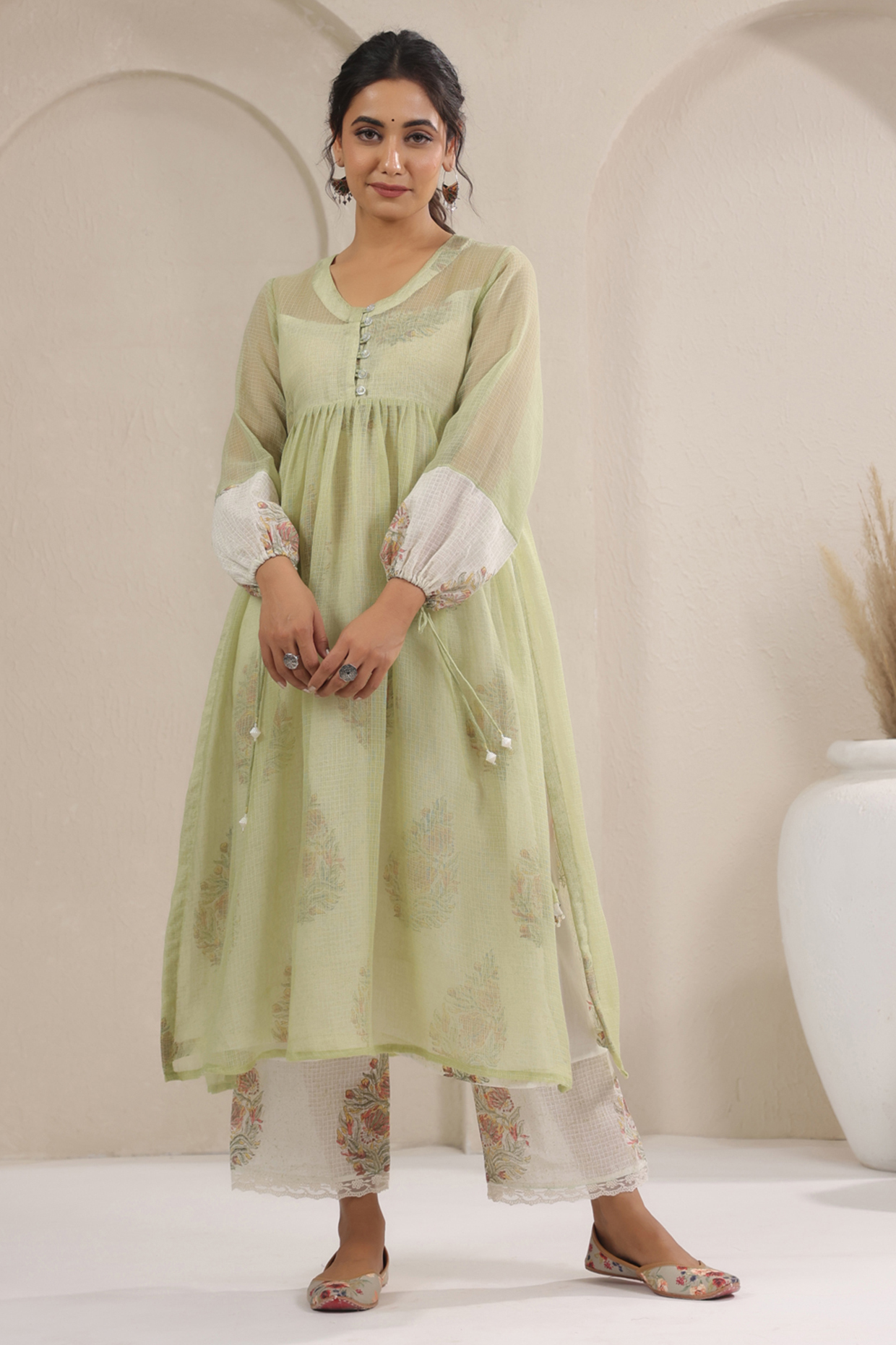 Green Cotton Printed A-Line Kurta Set by ANSHU WADHWA at Pernia's Pop Up Shop