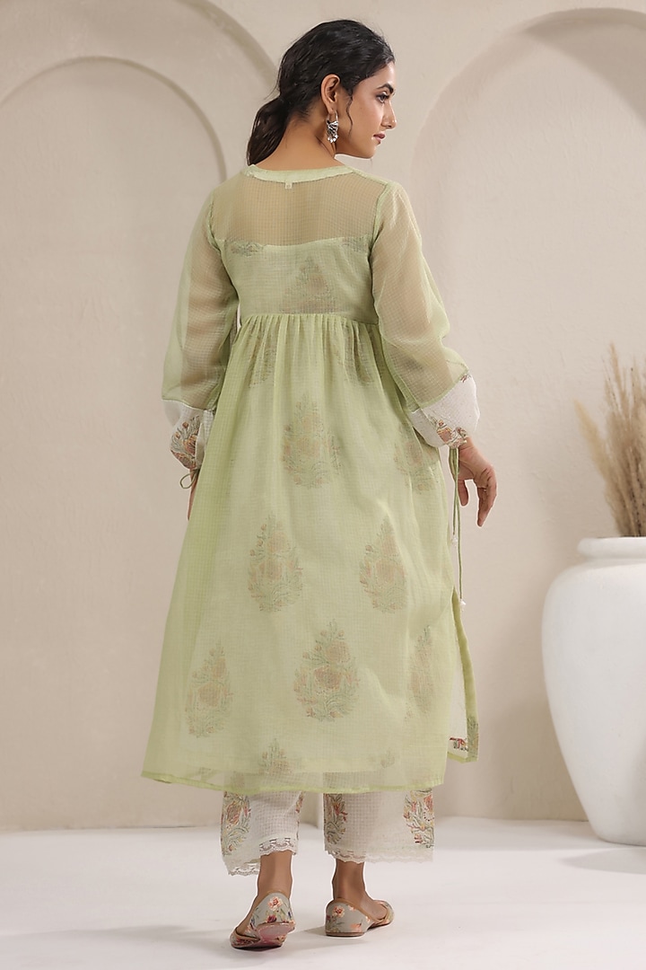 Green Cotton Printed A-Line Kurta Set by ANSHU WADHWA at Pernia's Pop Up Shop