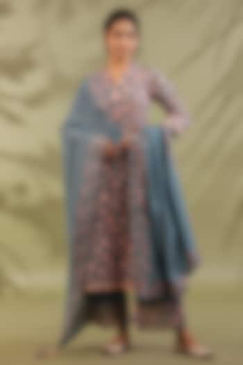 Greyish Blue Cotton Printed A-Line Kurta Set by ANSHU WADHWA at Pernia's Pop Up Shop