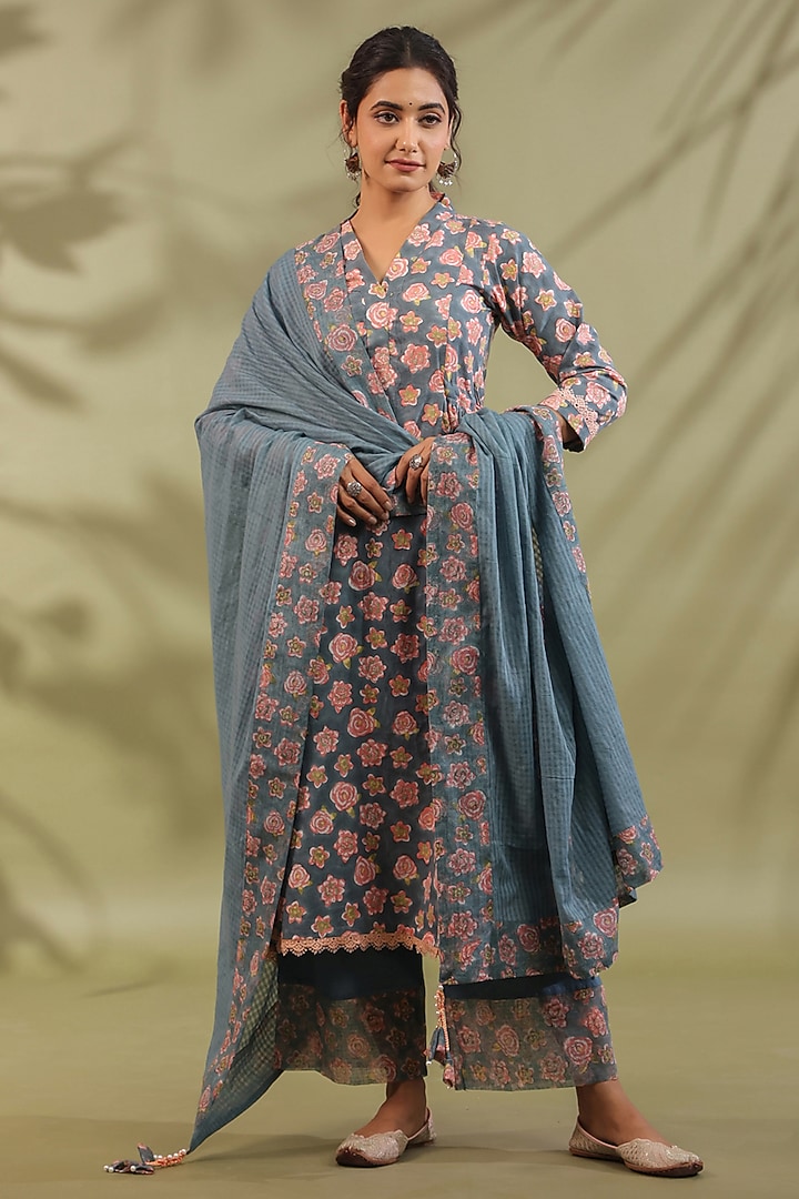 Greyish Blue Cotton Printed A-Line Kurta Set by ANSHU WADHWA at Pernia's Pop Up Shop