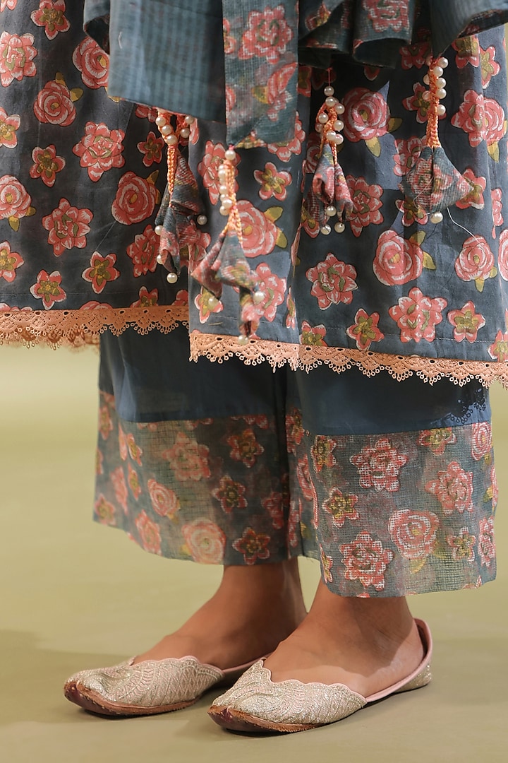 Greyish Blue Cotton Printed A-Line Kurta Set by ANSHU WADHWA at Pernia's Pop Up Shop