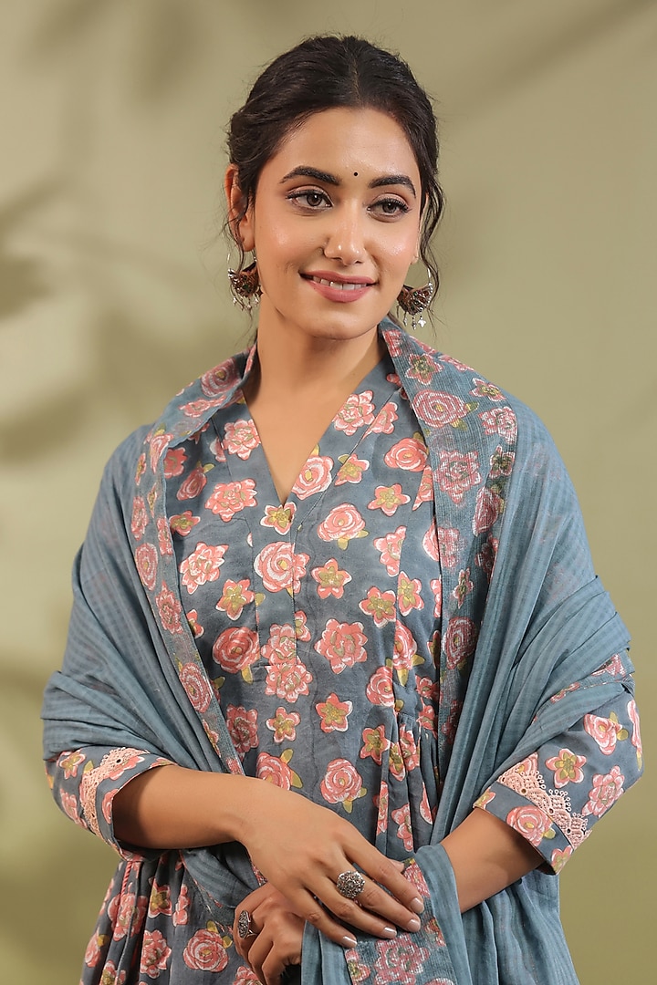 Greyish Blue Cotton Printed A-Line Kurta Set by ANSHU WADHWA at Pernia's Pop Up Shop
