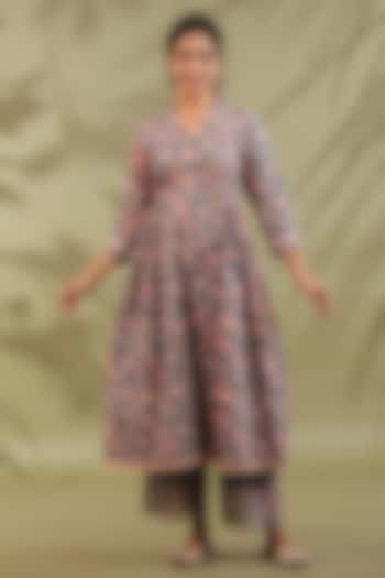 Greyish Blue Cotton Printed A-Line Kurta Set by ANSHU WADHWA at Pernia's Pop Up Shop