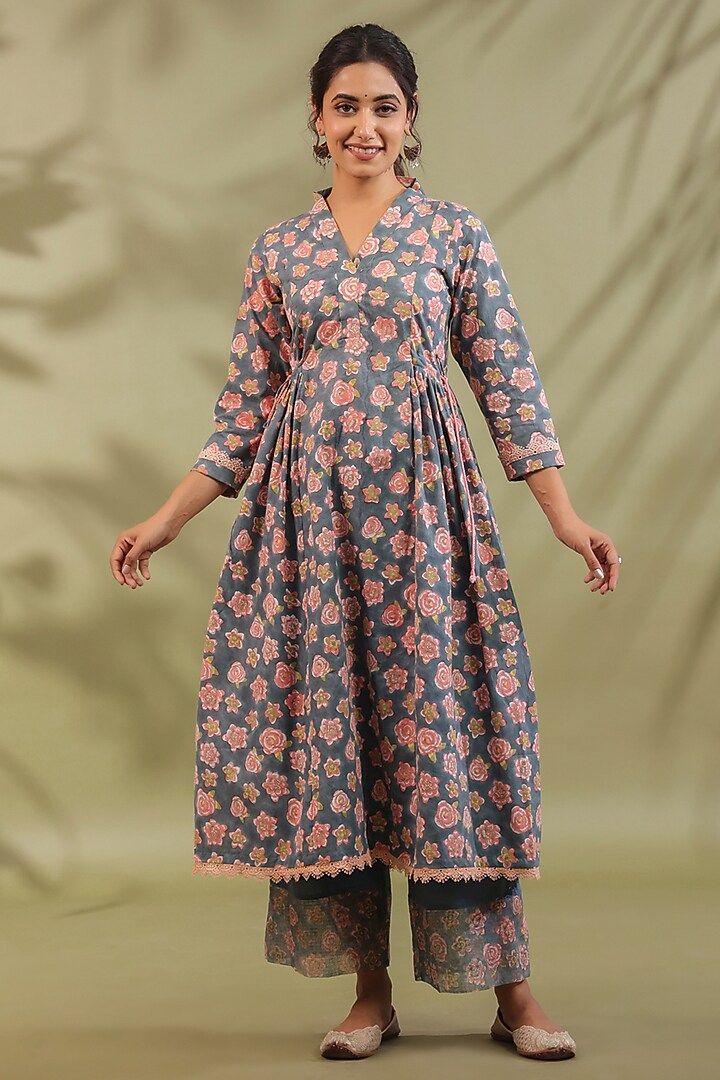 Greyish Blue Cotton Printed A-Line Kurta Set by ANSHU WADHWA at Pernia's Pop Up Shop
