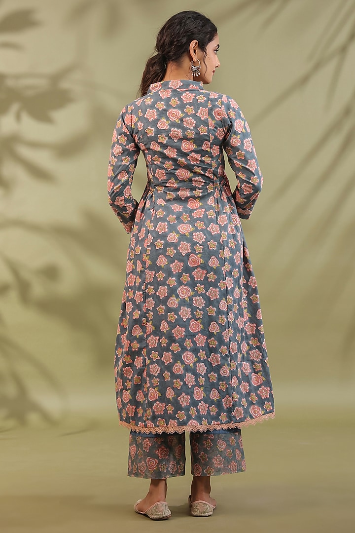 Greyish Blue Cotton Printed A-Line Kurta Set by ANSHU WADHWA at Pernia's Pop Up Shop