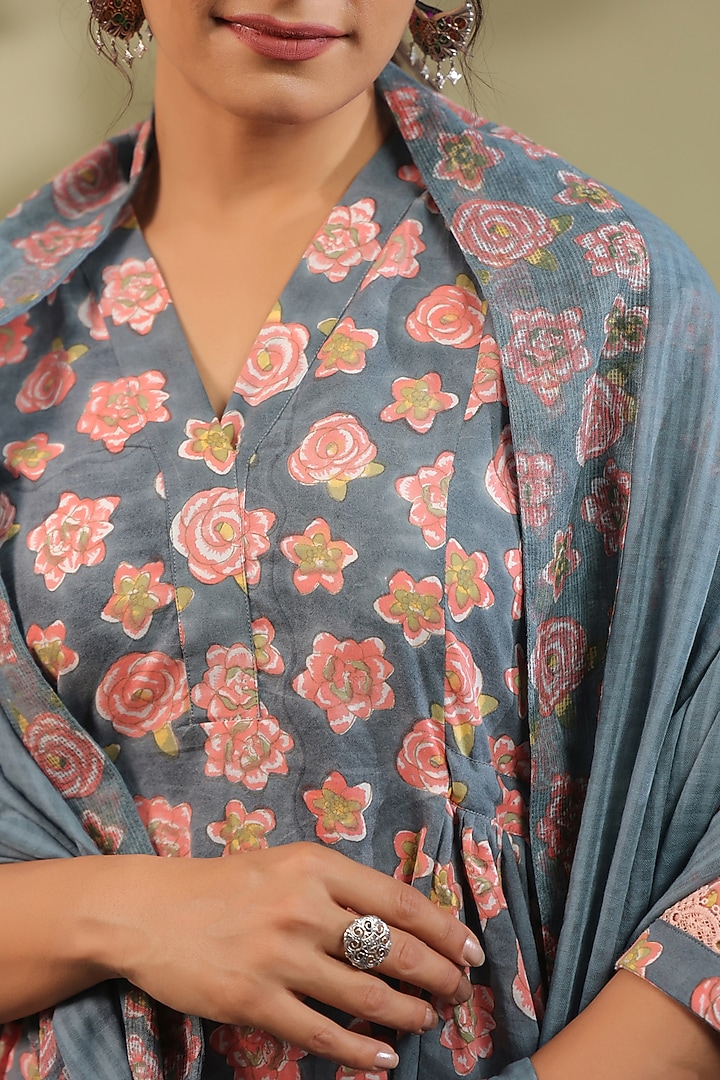 Greyish Blue Cotton Printed A-Line Kurta Set by ANSHU WADHWA at Pernia's Pop Up Shop
