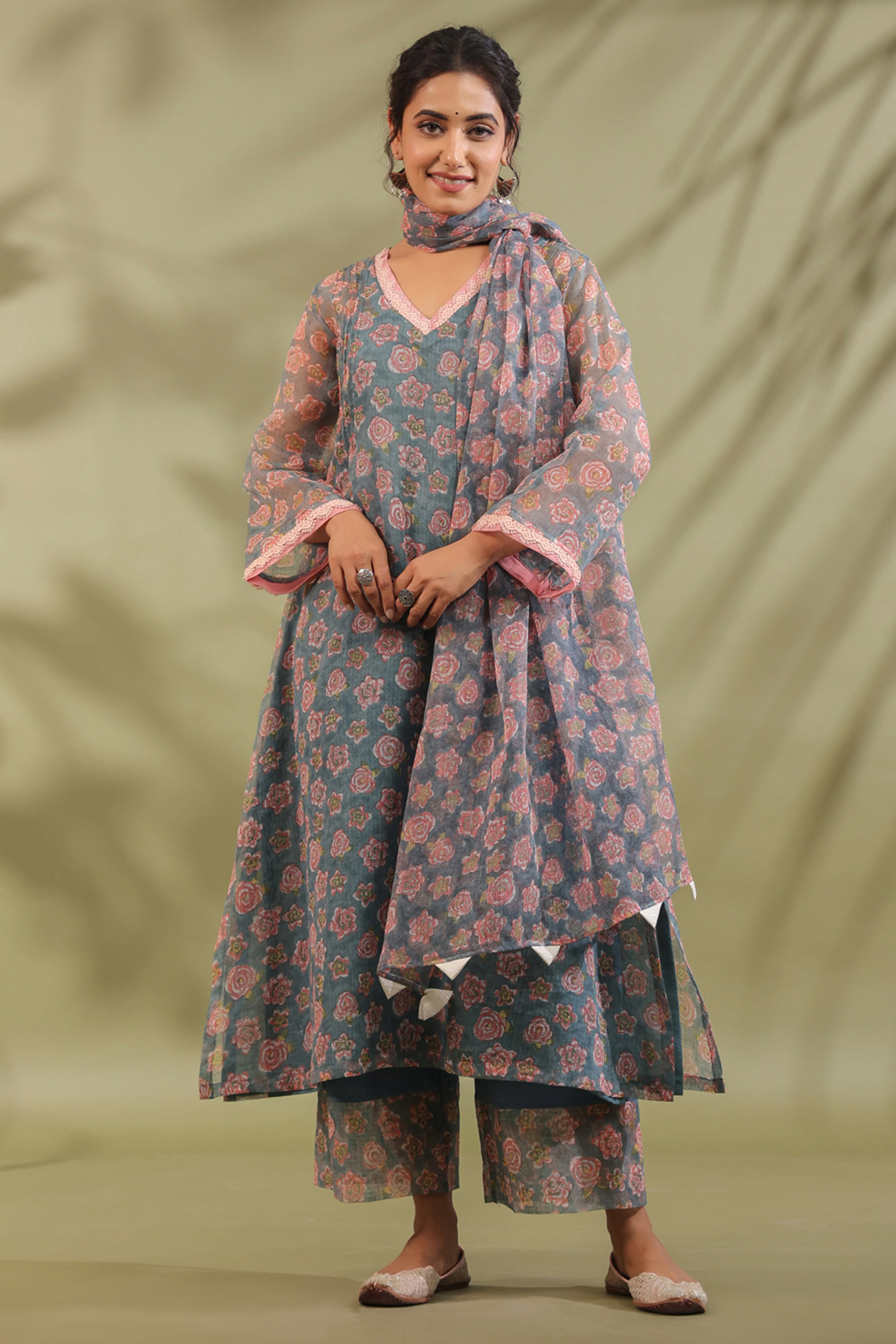 Greyish Blue Cotton Printed A-Line Kurta Set by ANSHU WADHWA at Pernia's Pop Up Shop