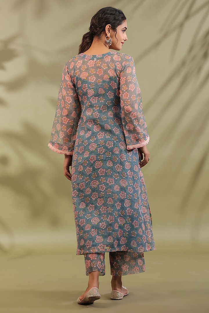 Greyish Blue Cotton Printed A-Line Kurta Set by ANSHU WADHWA at Pernia's Pop Up Shop