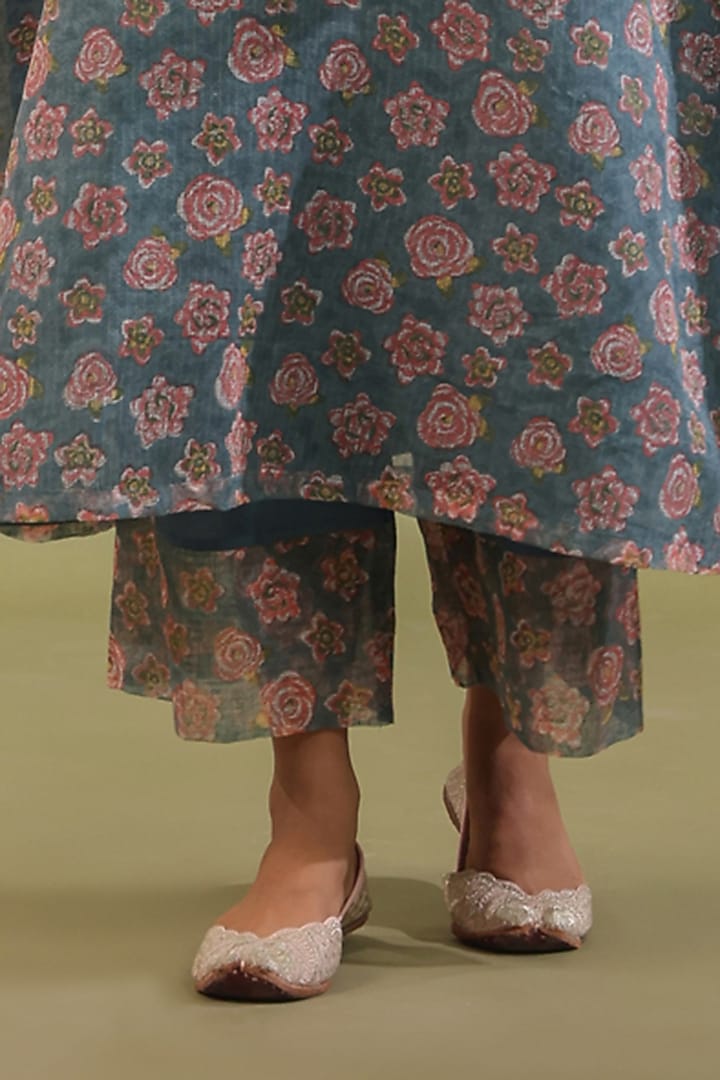 Greyish Blue Cotton Printed A-Line Kurta Set by ANSHU WADHWA at Pernia's Pop Up Shop