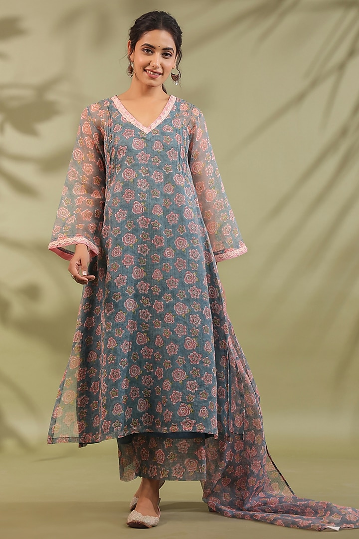 Greyish Blue Cotton Printed A-Line Kurta Set by ANSHU WADHWA at Pernia's Pop Up Shop