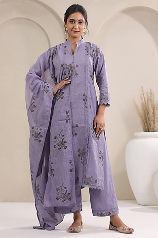Mauve Cotton Printed Straight Kurta Set by ANSHU WADHWA