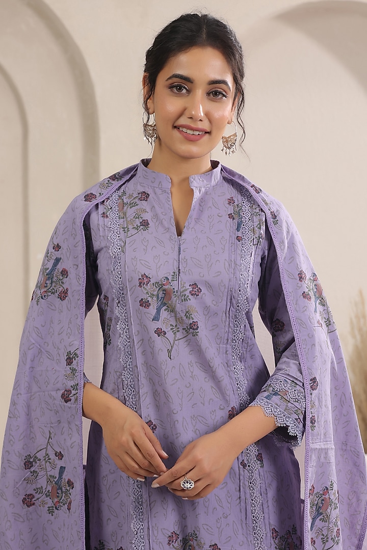 Mauve Cotton Printed Straight Kurta Set by ANSHU WADHWA at Pernia's Pop Up Shop