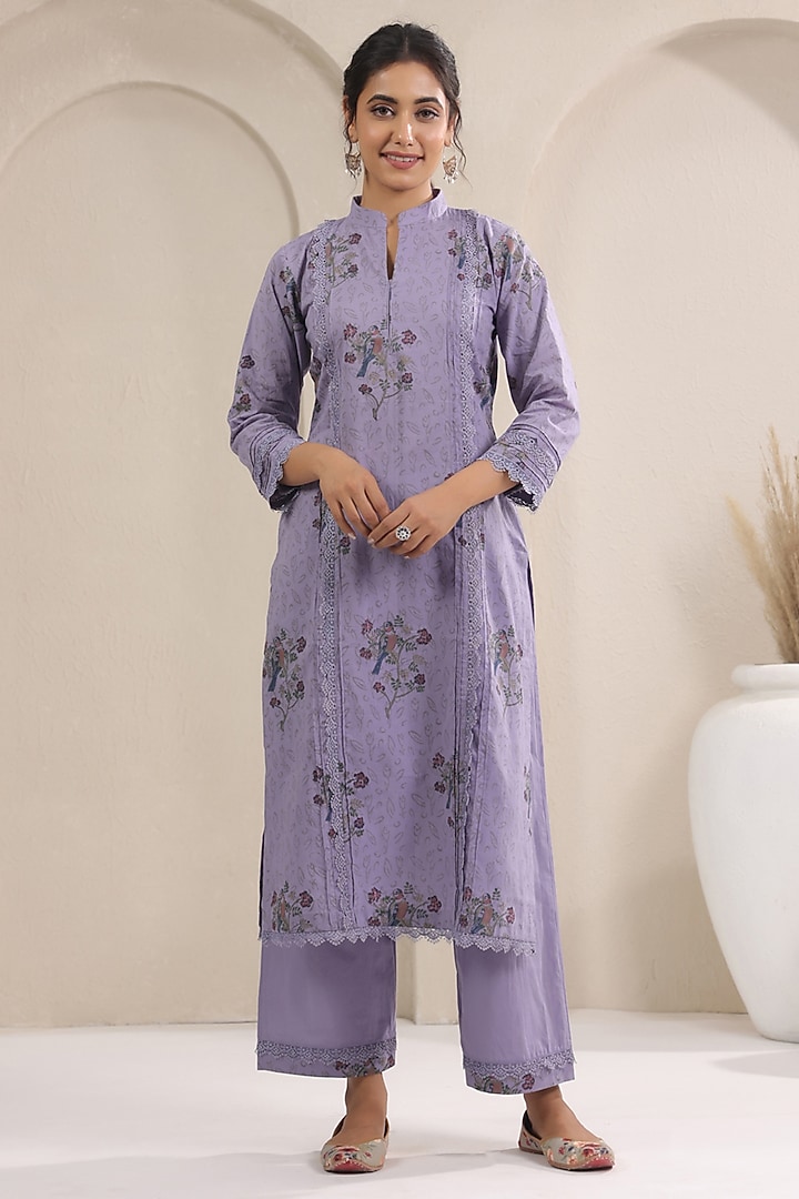 Mauve Cotton Printed Straight Kurta Set by ANSHU WADHWA at Pernia's Pop Up Shop