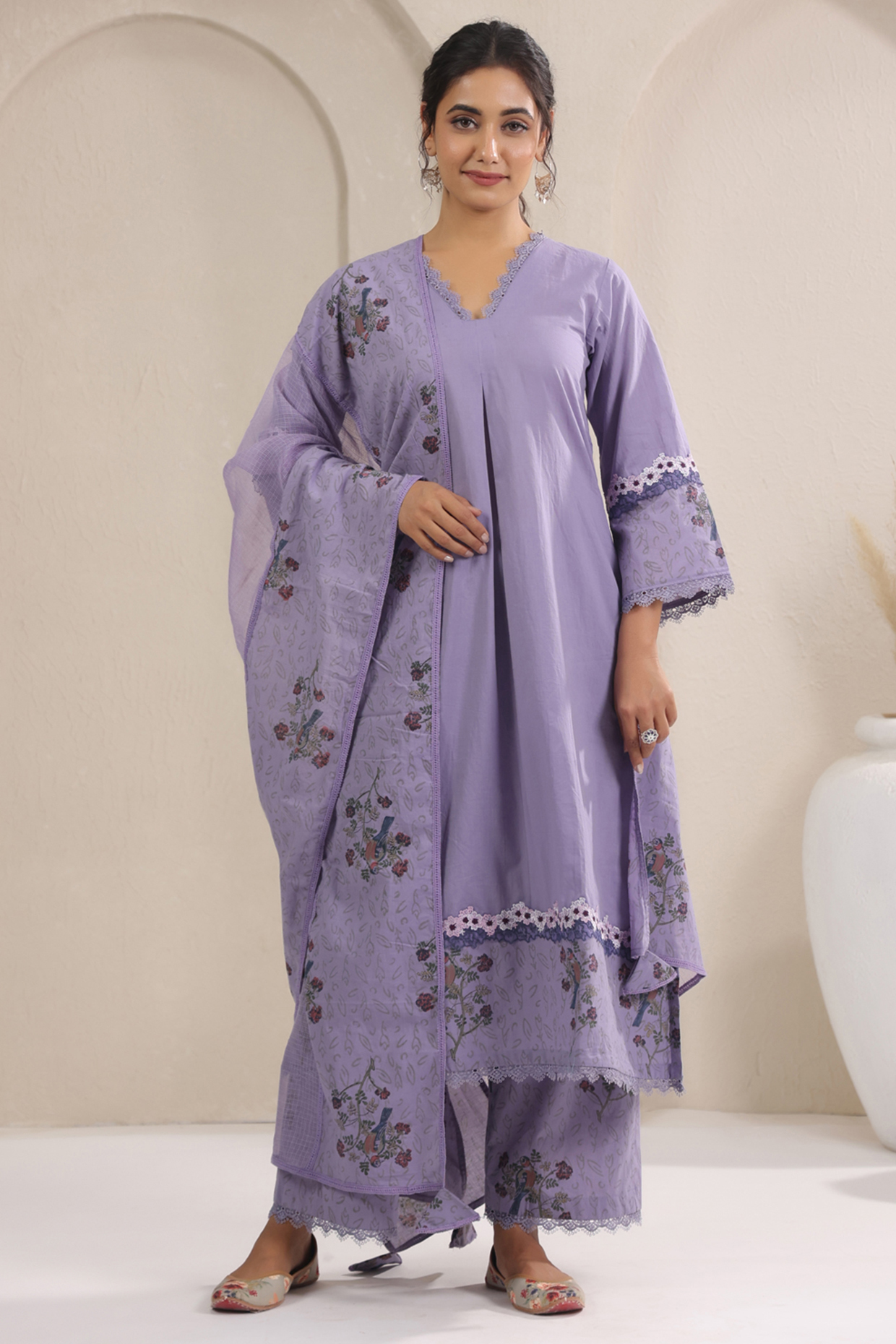 Mauve Cotton Printed A-Line Kurta Set by ANSHU WADHWA at Pernia's Pop Up Shop