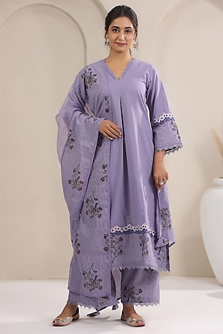 Mauve Cotton Printed A-Line Kurta Set by ANSHU WADHWA