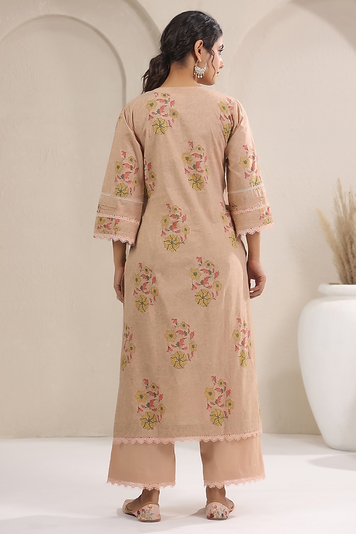Beige Cotton Handblock Printed Straight Kurta Set by ANSHU WADHWA at Pernia's Pop Up Shop