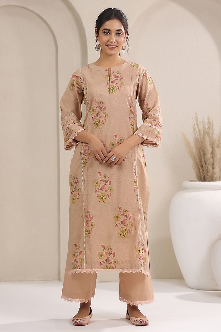 Beige Cotton Handblock Printed Straight Kurta Set by ANSHU WADHWA at Pernia's Pop Up Shop