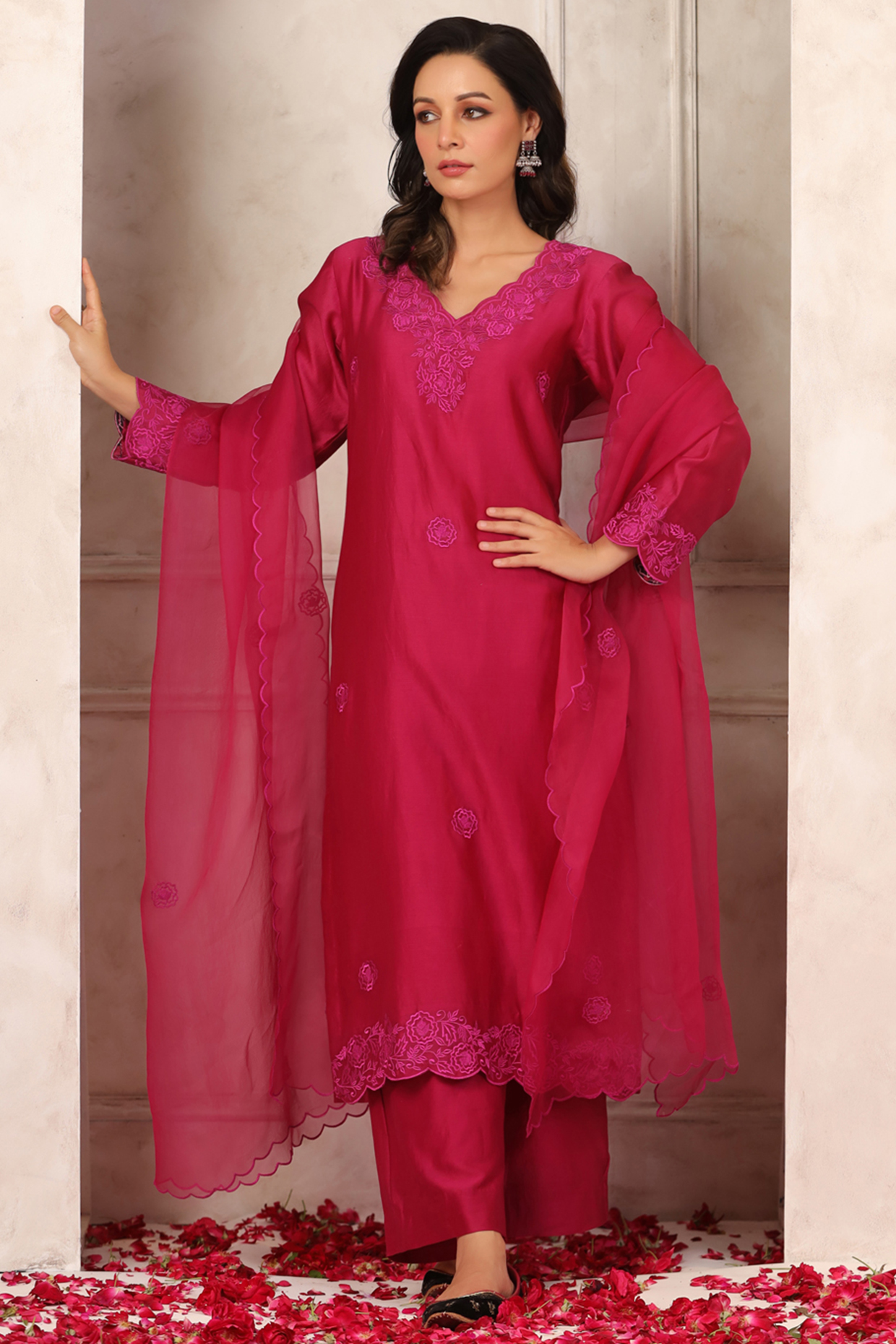Wine Chanderi Embroidered Kurta Set by ANSHU WADHWA at Pernia's Pop Up Shop