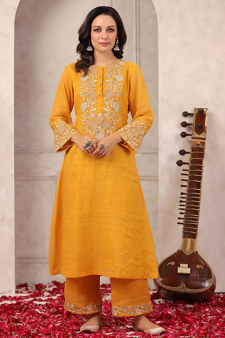 Mustard Yellow Tissue Chanderi Embroidered Kurta Set by ANSHU WADHWA at Pernia's Pop Up Shop